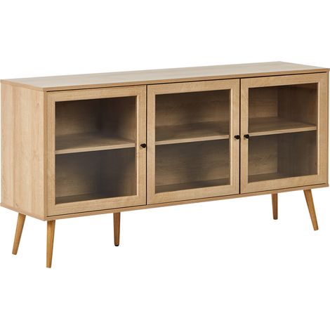 Aparador 3 puertas 2 estantes tablero de partículas patas de madera de pino frente de vidrio marrón claro Albany