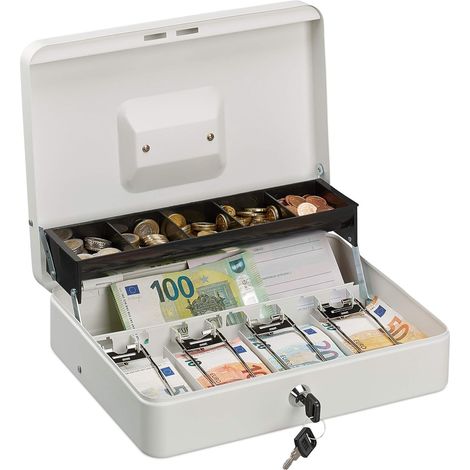 Caisse à Monnaie, verrouillable, Compartiments pour pièces et Billets, Fer, HLP 8,5 x 30,5 x 24,5 cm, Blanc (1/5)
