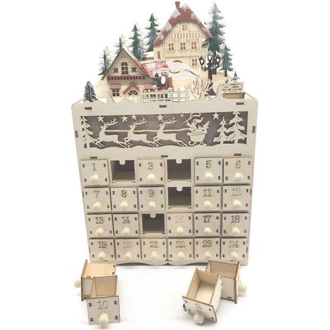 Calendrier de l'Avent en bois avec compte à rebours jusqu'à Noël, décoration de Noël LED, 24 tiroirs lumineux. (1/5)