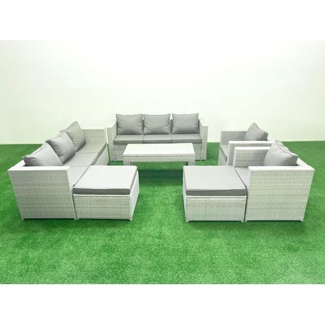 Fimous Outdoor Garden Furniture Rattan Sofa Set with 2 Armchairs Oblong Coffee Table 2 Big Footstools Light Grey Mixed (1/5)
