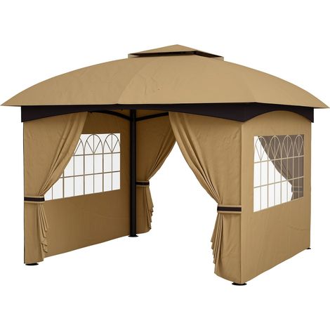 Pavillon ca. 3,4x3,4 m wasserabweisend Gartenpavillon mit 4 Seitenteilen, Doppeldach, Partyzelt mit UV-Schutz Gartenzelt mit verzinktem Metallrahmen, für Garten Beige