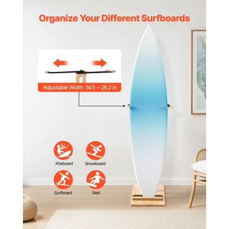 Support vertical pour planches de surf, support pour rangement et exposition en bois, réglable et autoportant, avec rembourrage, po… (1/5)
