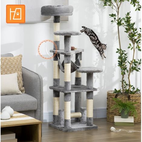 Kratzbaum aus Sisal und Plüsch grau mit 3 Plattformen zum Kratzen, Ruhen und Klettern 40 x 40 x 132 cm (1/5)