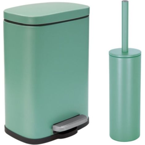 Juego de papelera con pedal y escobilla 5L AKIRA verde mate Spirella