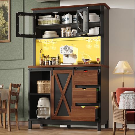 Aparador alto de cocina MDF, metal y vidrio negro con LED, puerta corredera y estantes ajustables, 104x40x180 cm (1/5)