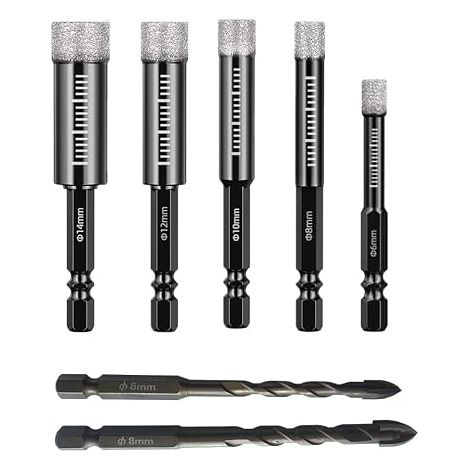 Juego de 7 brocas de diamante para azulejos (6, 8, 10, 12, 14 mm) con broca de carburo de 6/8 mm para cerámica, granito, porcelana, azulejos y vidrio. (1/5)