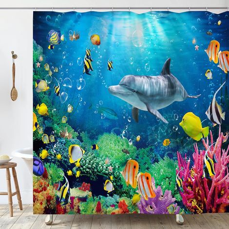 Rideau Douche Anti Moisissure 200x200 cm Dauphin Rideau de Douche Baignoire Tissu Imperméable Polyester Poisson Océan Coloré Rideaux Salle de Bain avec Anneaux Tissus Lavable Machine (1/5)