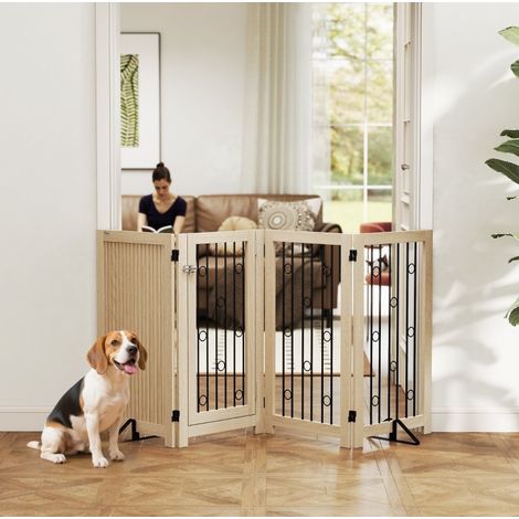 Barrera autoportante para animales de 4 paneles con puerta, MDF y acero, acabado roble (1/5)