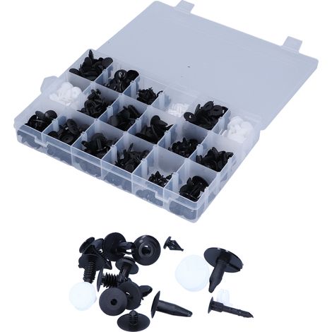 Kit 415 pièces clips de retenue auto, attaches plastiques 18 sortes, goujons poussoirs, rivets carrosserie, boîte de rangement (1/5)