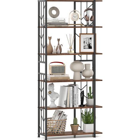 COSTWAY 6-Tier Bookshelf Modern Geometric Bookcase-Brown (1/5)