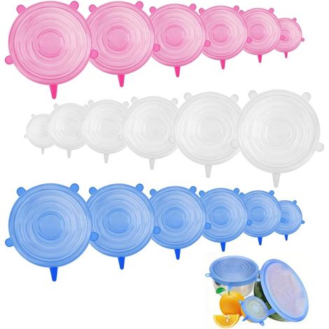18 Pieces Couvercles en Silicone, Sans BPA 6 Tailles Différentes,Multifonctionnel Couvercles Extensibles Silicone Réutilisable Couvercles Silicone Extensibles pour Tasses Bol Yaourt Fruit (1/5)