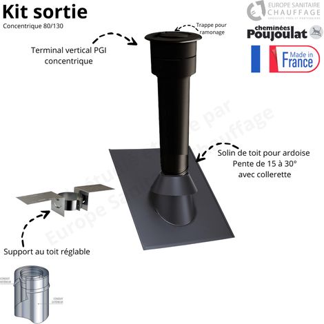 Poujoulat – Kit sortie de toit ardoise concentrique PGI 80/130 mm – Longueur 110 cm – Pente 15 à 30° – Acier inoxydable pour évacuation fumées