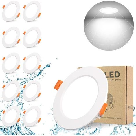 Paquete de 10 focos LED empotrables, extra planos, blancos, IP44, 5W, 500LM (equivalente a 50W incandescente), blanco frío 6000K, AC220-240V, luz de techo redonda empotrable para cocina, dormitorio, s (1/5)
