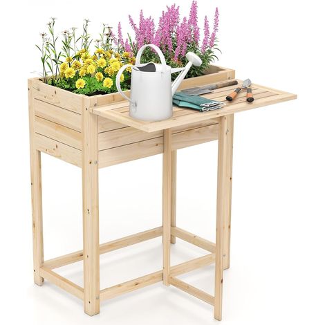GOPLUS Carre Potager Surélevé en Bois avec Trou de Drainage, 63 x 67 x 74 CM, Jardinière avec Tablette Pliante, Charge 30KG, pour Fleurs, Légumes, Herbes, Intérieur et Extérieur, Cour, Balcon, Naturel (1/5)