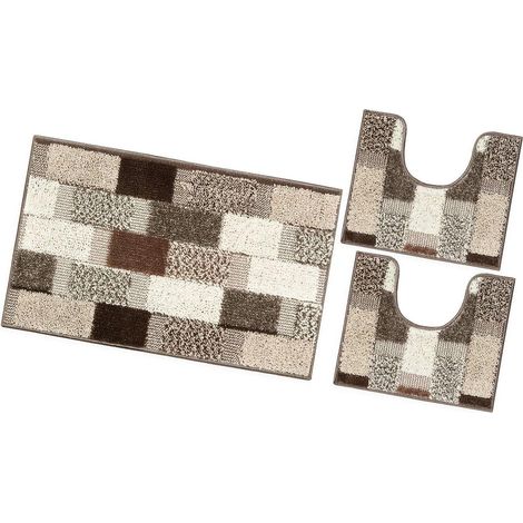 Tapis de Bain Lot de 3 Pièces Moderne Doux Antidérapant Tapis de Douche Lavable Absorbant - Marron (1/4)