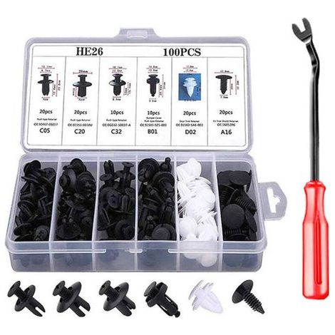 100 pezzi di rivetti, clip in plastica, clip parafango universali in plastica, clip per auto, fissaggi paraurti, viti di espansione con attacchi, strumenti di smontaggio (1/4)