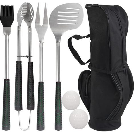 Ensemble de 7 ustensiles de barbecue sur le thème du golf — Accessoires de grillade en acier inoxydable avec poignées en caoutchouc, kit d'ustensiles de barbecue d'extérieur haut de gamme, Noir (1/5)