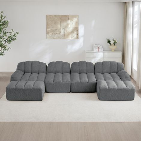 Canapé modulable U 366x165x79 cm en tissu peluche gris, 4 places, pour petit salon – MEUBLIV (1/5)