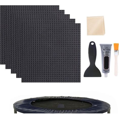 Kit de réparation rapide pour trampoline (lot de 5) : patchs carrés 4 x 4 avec colle, pinceau, grattoir, gants et lingette. Accessoires pour réparer les trous dans la toile de trampoline. (1/5)