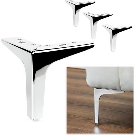 Modèle Lot de 4 pieds + 16 vis, hauteur 13 cm, pieds pour canapés, meubles, armoires, fauteuils, pieds en métal pour ameublement, design, moderne et élégant - Chrome brillant (1/5)