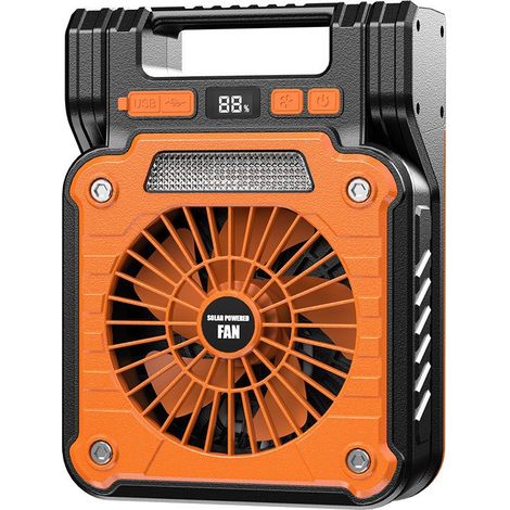 Ventilador de camping recargable con energía solar, luz LED y ventilador USB ajustable a 90 grados para uso en exteriores (naranja). (1/5)