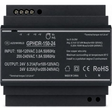Alimentatore Trasformatore Da Guida Barra DIN 150W, 6 Moduli, Serie HDR-150, Disponibili DC 12V 24V (DC 24V)