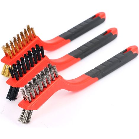 Ensemble de 3 mini brosses métalliques en acier inoxydable, nylon et cuivre rouge pour le nettoyage et l'élimination de la rouille (18 cm). (1/5)