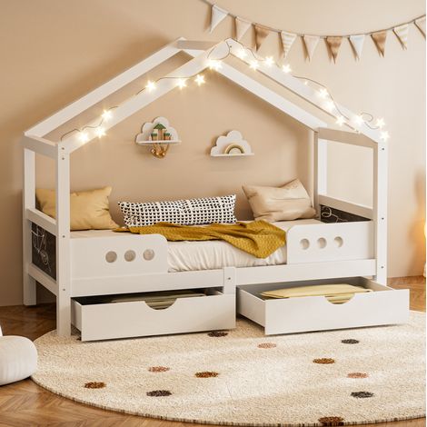 Lit enfant 90 x 200 cm avec toit, 2 tiroirs et tableau, blanc OKMYHOME (1/5)