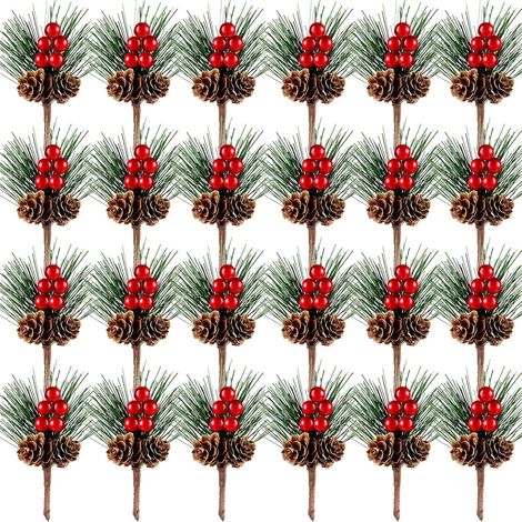 24 Stück künstliche Weihnachtskiefern-Picks, rote Beeren-Picks, Tannennadeln, Zweige mit roten Tannenzapfen, Beerenzweige, künstliche Beeren für Blumenarrangements, Kränze, Weihnachtsbaumdekoration (1/5)