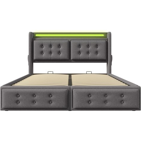 Cama doble 160x200 gris con cabecero LED y puertos USB-C, estructura elevable (1/5)