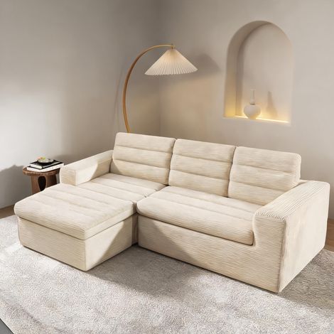 Canapé d'angle en velours côtelé beige modulaire 253 x 161 cm (1/5)
