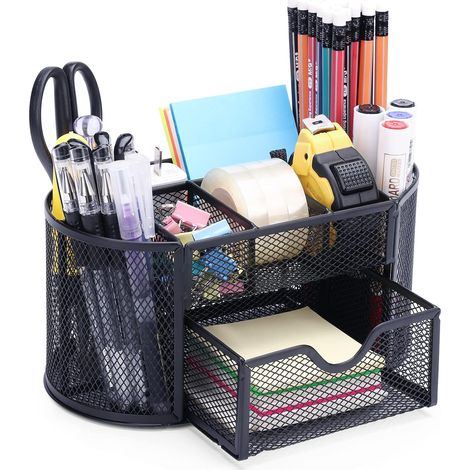 Organiseur de Bureau - Maille Métallique - 9 Compartiments dont 1 Tiroir Coulissant - Pour Stylos Agrafeuse Pinces Notes - Bureau Maison Cuisine Dortoir - 1 Pièce