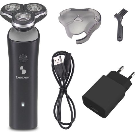 BEPER P304BAR003 Rasoio Elettrico Barba con 3 Testine Flessibili - Rasoio Elettrico Uomo Facile da Pulire, Ricaricabile USB, Nero (1/5)