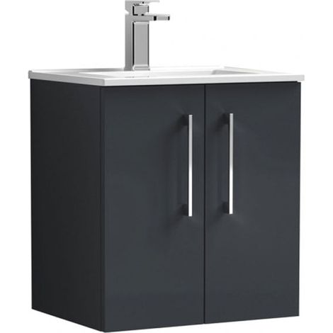Nuie Arno Satin Soft Black 500mm Wall Hung 2 Door Vanity Unit and Minimalist Ceramic Basin - ARN1421B