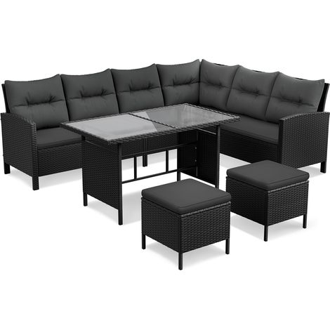 Homevive Conjunto de 4 Piezas Conversación para Patio Sofás de Ratán con Mesa de Cristal y Otomanas para Balcón Porche Terraza Negro/Gris