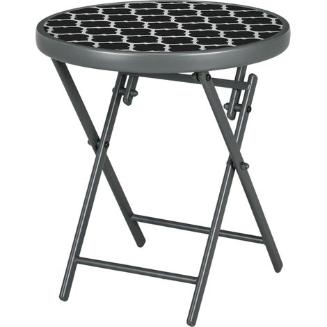 Table basse pliante table d'appoint pliante plateau en verre trempé motifs noirs et blancs en métal Ø 45 x 50 cm noir