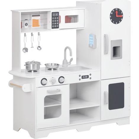 Cuisine blanche en bois avec plaque, robinet, évier, micro-ondes, horloge et machine à glaçons, jouet d'imitation design sobre pour enfant pratique et complet