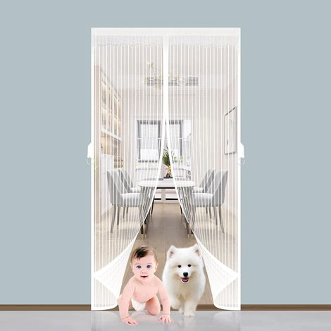 Puerta mosquitera magnética, cortina de malla, cierre magnético de arriba a abajo con cierre automático, mantiene el aire fresco en el interior (120 x 220 cm, blanca) (1/5)