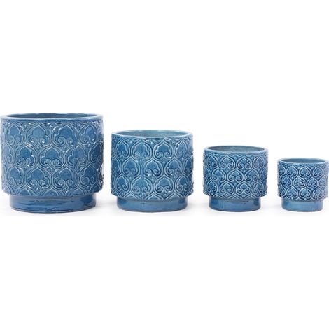 Set de 4 macetas de cerámica azul brillante con relieve de corazón, Ø38/31,5/24/19 cm (1/5)
