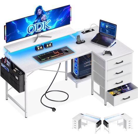 Bureau informatique blanc 140×80 cm – bureau en L avec 4 tiroirs – 2 prises de courant intégrées + 2 ports USB