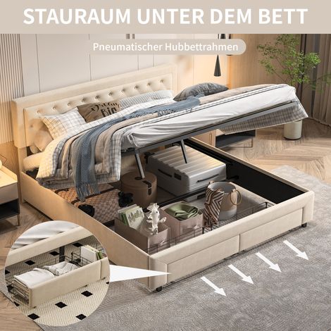 Bett 180x200 mit Lattenrost, Bett 180x200, Bettkasten 180x200, Design-Bett in Beige Samt, bequem mit gepolstertem Kopfteil und Stauraum
