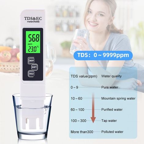 Testeur Mètre Électronique, Digital TDS&EC Testeur 3 en 1, Thermometre, Metre pour Tester le TDS/EC de L'eau Potable/Aquarium/Piscine (1/5)