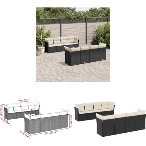 9-tlg. Garten-Sofagarnitur mit Kissen Schwarz Poly Rattan - Gartenmöbel - Outdoor Möbel - Rattan Sofa - Esstisch Set - Lounge Set - Home & Living (1/3)