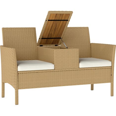 Banc de jardin crème et kaki en rotin et acier, avec table rabattable et rangement, 134 x 58 x 82 cm (1/5)