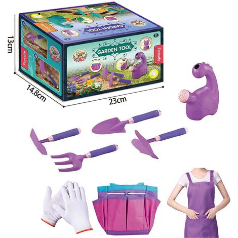 Kit d'outils de jardinage pour enfants, ensemble complet avec arrosoir dinosaure, pelles, râteau, gants, tablier et sac de rangement, jouet de jardin extérieur pour garçons et filles