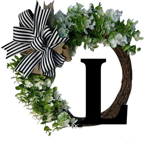 Wreath - Door Hanger - Wood - Faux Greenery - Burlap Bow - Custom Surname Option A Z - 14.2 X 13 X 3.1 Inches - 1 Piece (1/3)