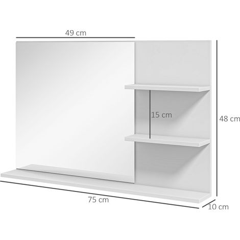 Miroir de salle de bain mural avec deux étagères de chaque côté et une étagère en bas, en MDF et verre, 75 x 10 x 48 cm, blanc. (1/5)