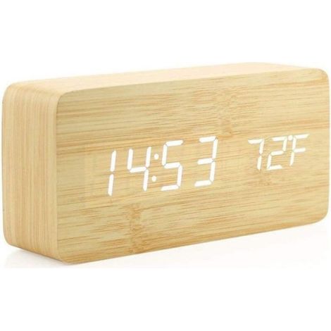 Horloge En Bois - Affichage LED - Commande Vocale Et Tactile - Pour Table De Chevet Ou Bureau - 14,7 x 7 x 4 cm - Alimentation USB - 1 Pièce (1/5)