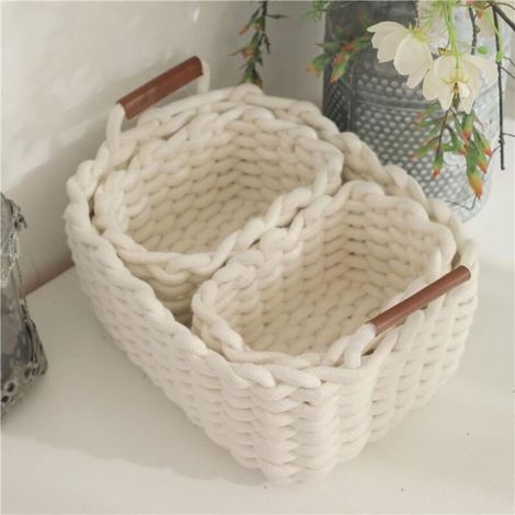 3Pcs Panier de Rangement en Corde de Coton,Boîte de Rangement,Organiseur de Placard pour Bureau,Salle de Bain,Chambre de bébé(Blanc) (1/4)
