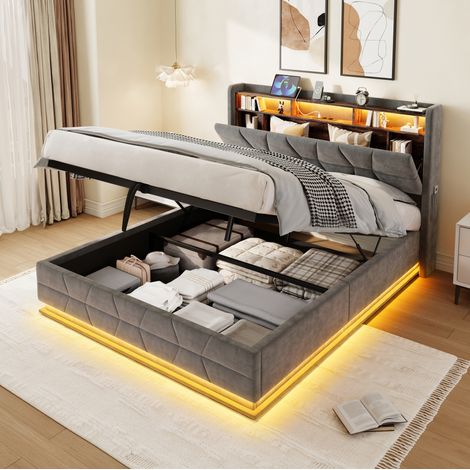DESVIAE Lit coffre avec led tête de lit de rangement ports usb type c et poche latérale velours dark grey 160 x 200 cm (1/5)